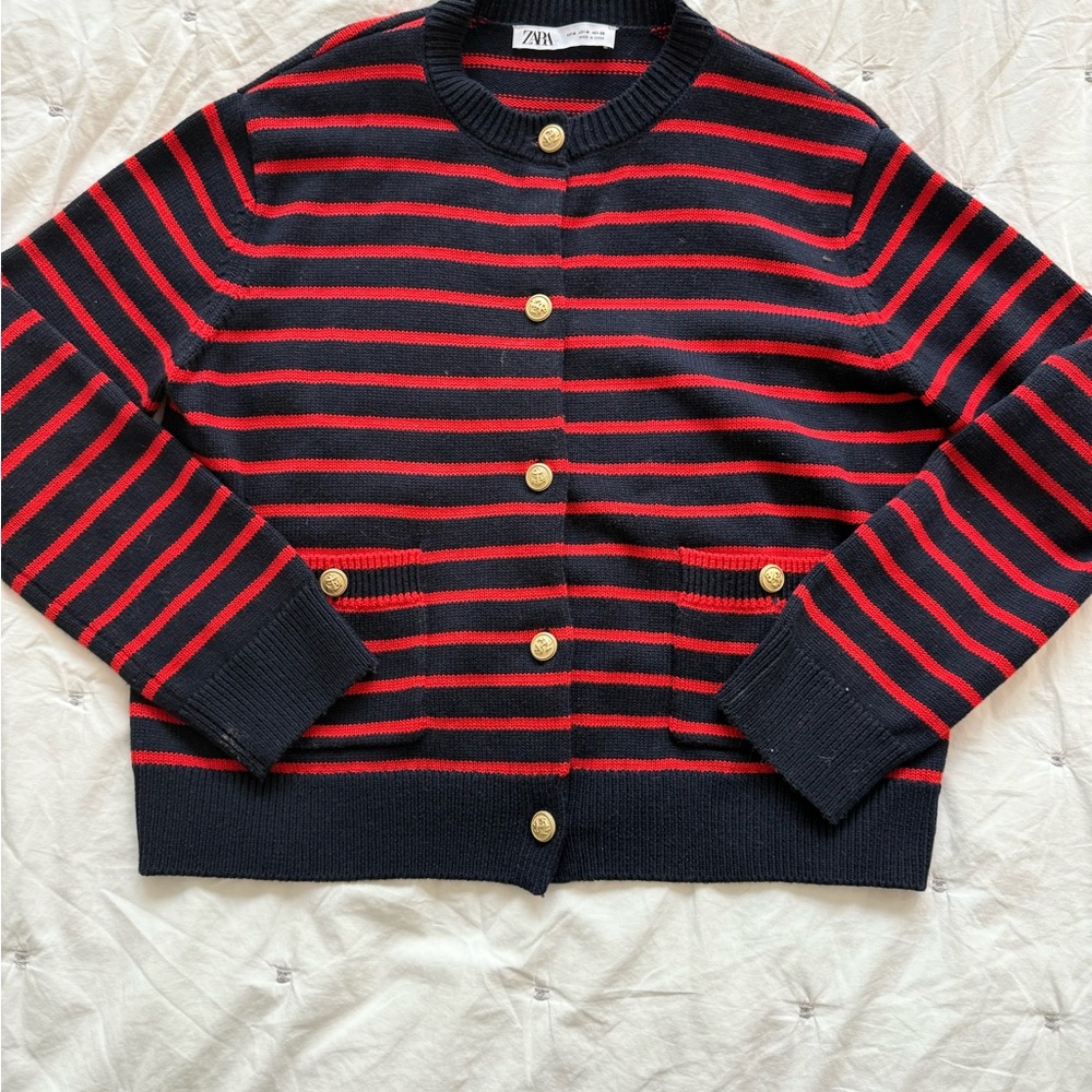 Zara Navy and Red Striped Sweater